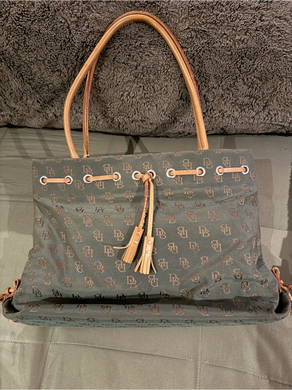 Vintage Dooney & Bourke Green Brown Logo Tote with leather Tan Trim